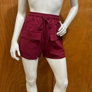 Ladies Drawstring Linen Shorts Womens Summer  Burgundy with 2 front pocket sz S